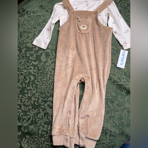 NWt 9m carters unisex teddy bear woodlands dog infants velour overalls longalls - Picture 1 of 9